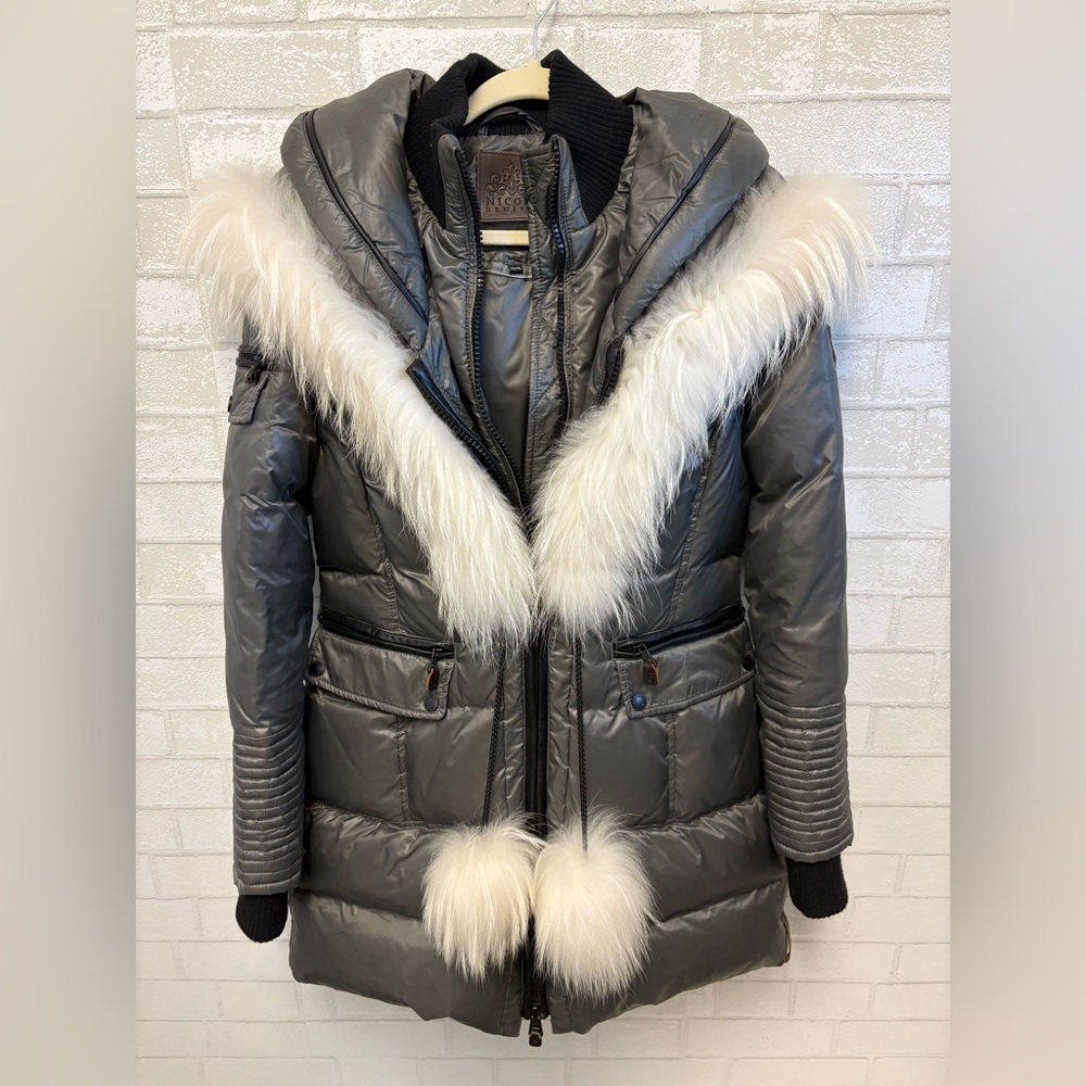 Nicole Benisti Gray Down Jacket Raccoon Fur Size XL